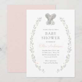 Invitación Baby Shower Chica de Elefante Rosa Floral Greenera