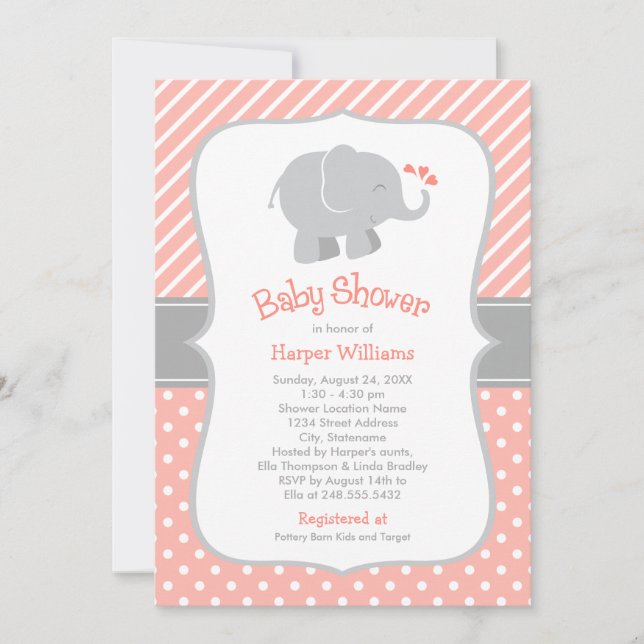 Invitación Baby Shower Chica de elefantes corales modernos (Anverso)