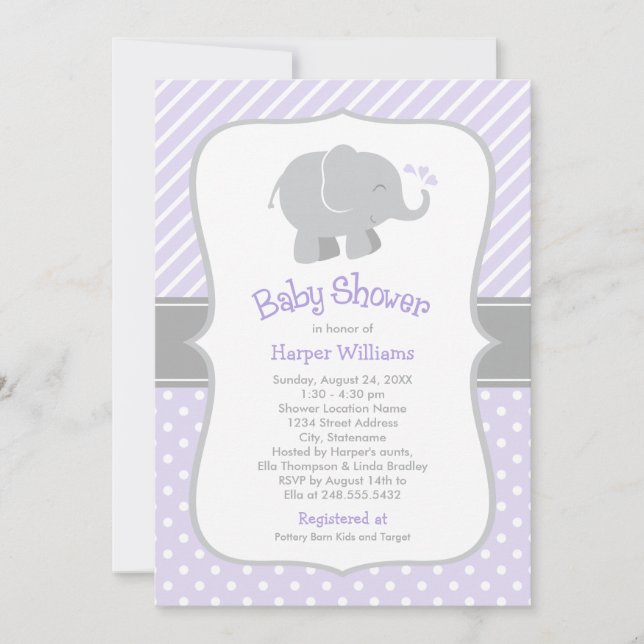 Invitación Baby Shower, Chica de Elefantes Modernos Morados y (Anverso)