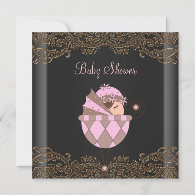 Invitación Baby Shower Chica de encaje dorado rosado negro (Anverso)