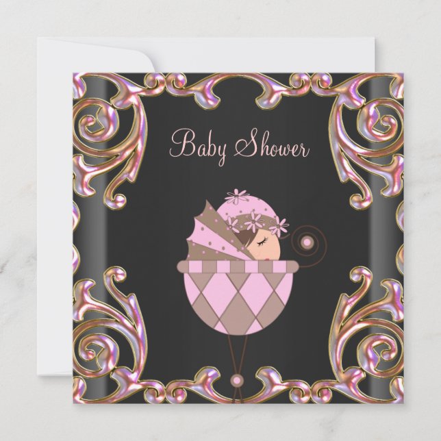 Invitación Baby Shower Chica de encaje dorado rosado negro (Anverso)