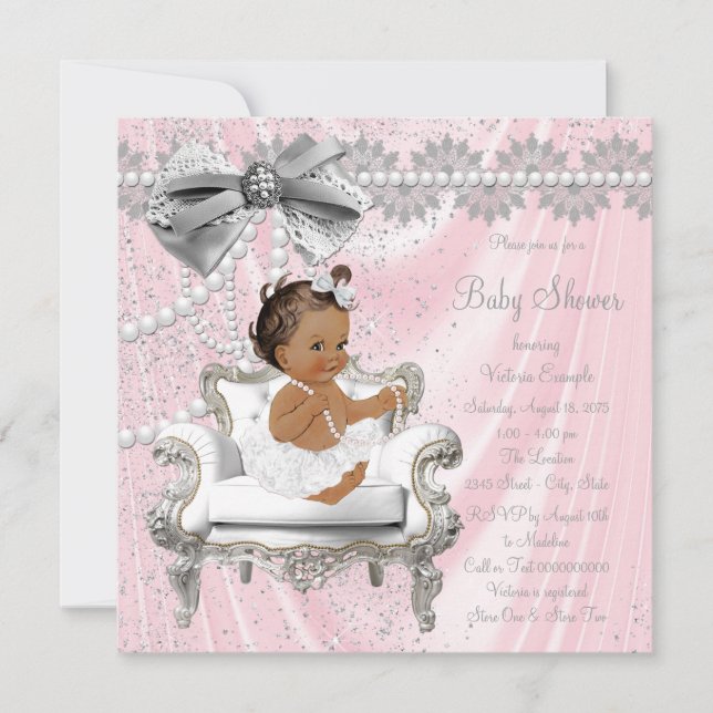 Invitación Baby Shower, Chica de etnia de Pearl gris rosa (Anverso)