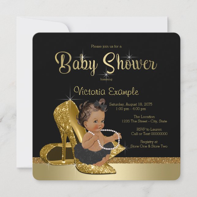 Invitación Baby Shower, Chica de etnia de zapatos de tacón de (Anverso)