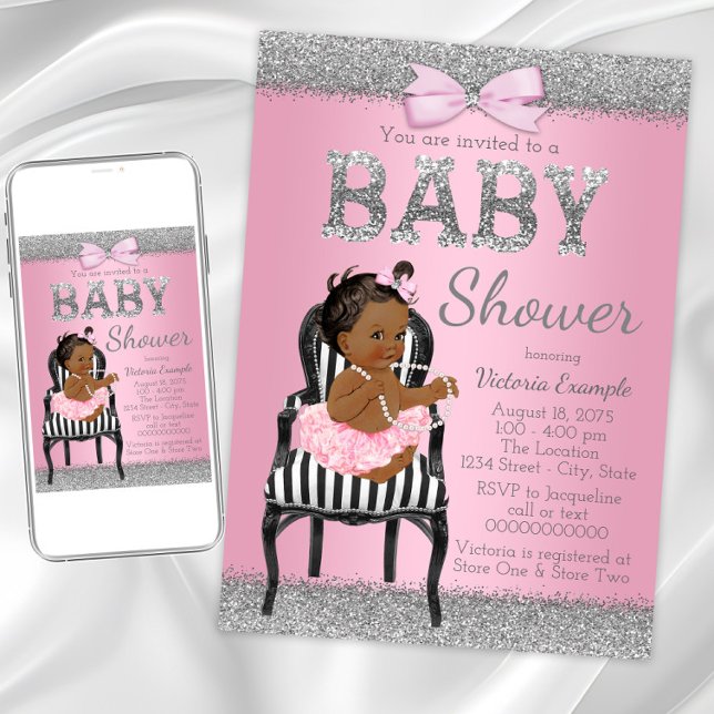 Invitación Baby Shower, Chica de etnia gris rosa y plateado (Cute pink silver baby shower invitation. Instant download and printed invitations available.)