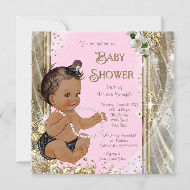 Invitación Baby Shower, Chica de etnia Pearl Gold Rosa (Anverso)