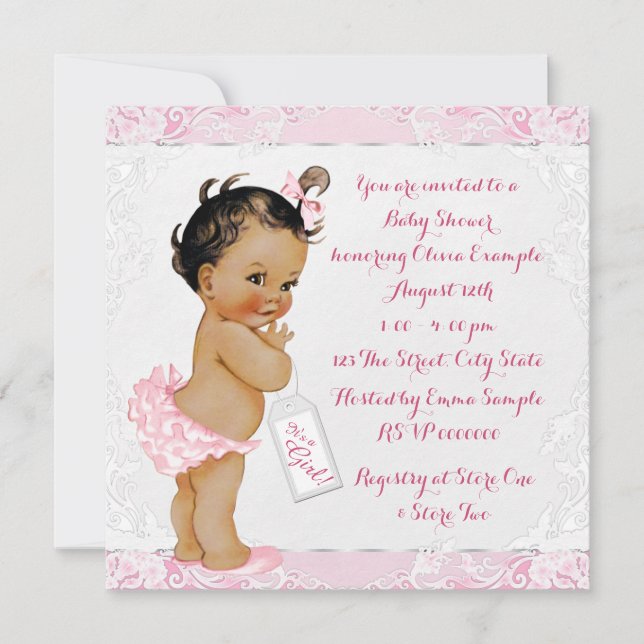 Invitación Baby Shower, Chica de etnia rosa y blanca (Anverso)