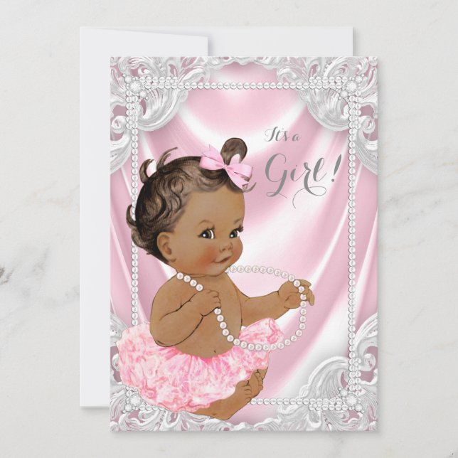 Invitación Baby Shower, Chica de etnia rosada Satin Pearl (Anverso)