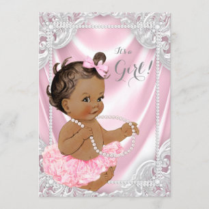 Invitación Baby Shower, Chica de etnia rosada Satin Pearl