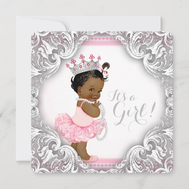Invitación Baby Shower, Chica de etnia tutu rosa y gris (Anverso)
