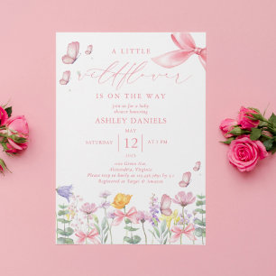 Invitación Baby Shower, Chica de Flor Silvestre Bow Rosa