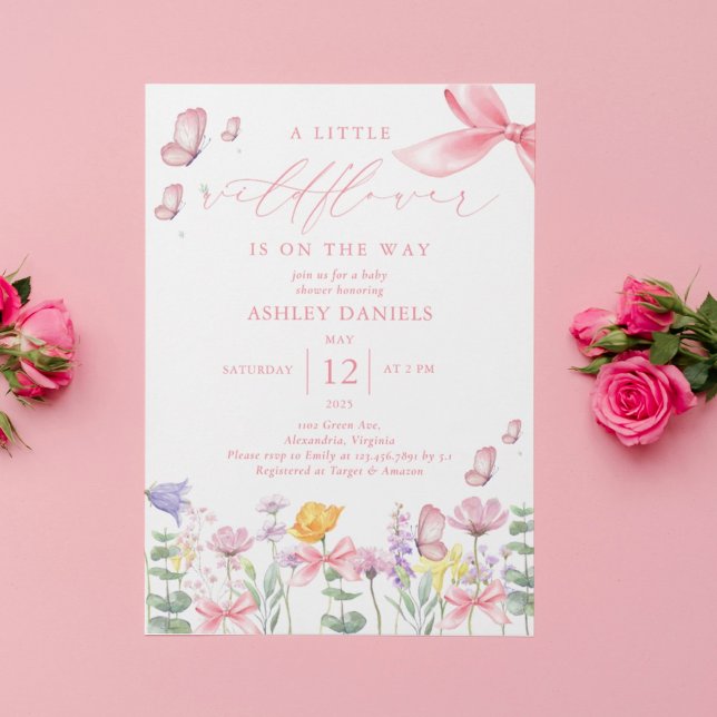 Invitación Baby Shower, Chica de Flor Silvestre Bow Rosa (Subido por el creador)