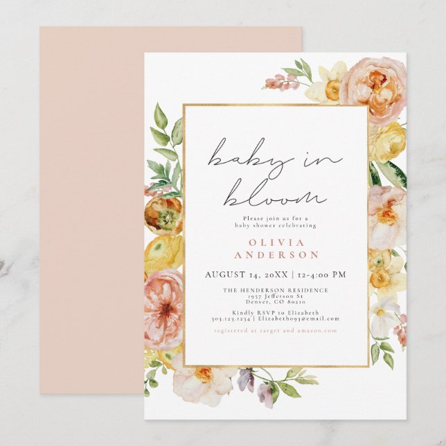 Invitación Baby Shower Chica de Flor Silvestre Peach y Rubor (Anverso / Reverso)
