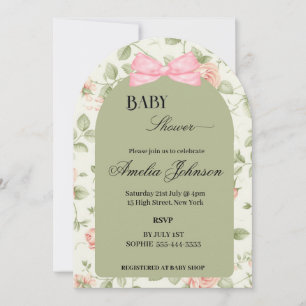 Invitación Baby Shower Chica de Flor y Flor Rosa Verde