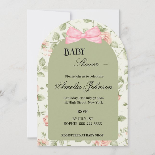 Invitación Baby Shower Chica de Flor y Flor Rosa Verde (Anverso)