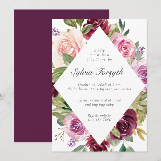 Invitación Baby Shower Chica de floral morado geométrico eleg (Anverso / Reverso)