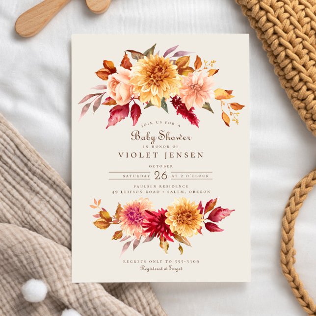 Invitación Baby Shower Chica de Flores de Otoño Rojo (Subido por el creador)