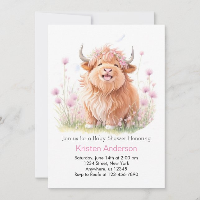 Invitación Baby Shower, Chica de flores silvestres de vaca ro (Anverso)