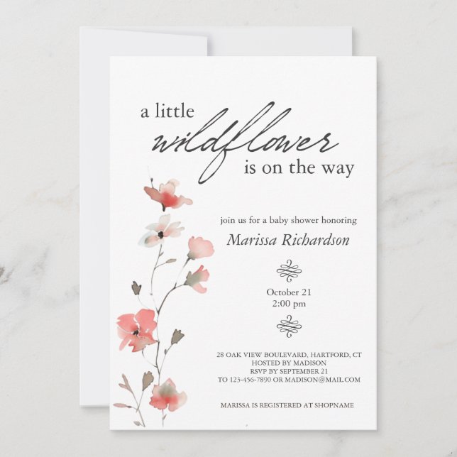 Invitación Baby Shower, Chica de flores silvestres rosadas (Anverso)