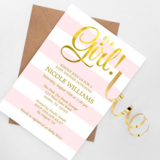 Invitación Baby Shower Chica de franjas de oro rosa y falso
