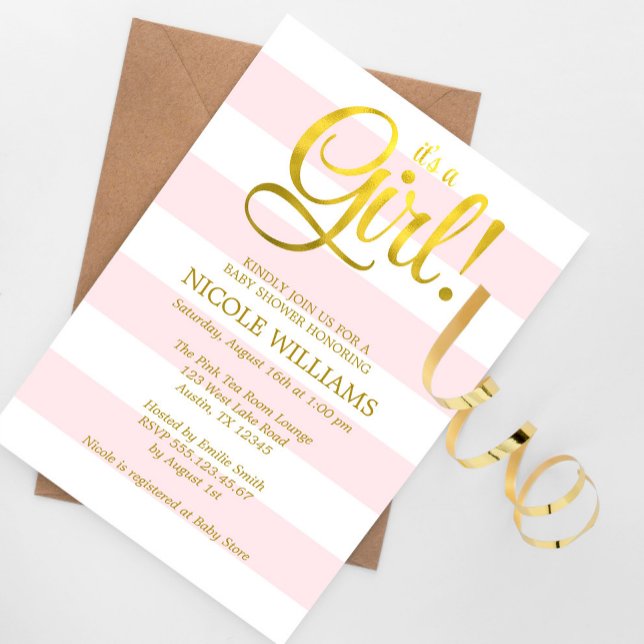 Invitación Baby Shower Chica de franjas de oro rosa y falso (Subido por el creador)
