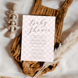 Invitación Baby Shower, Chica de Gingham rosa Moderno + Dulce