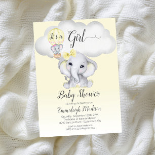 Invitación Baby Shower Chica de globo de aire caliente elefan