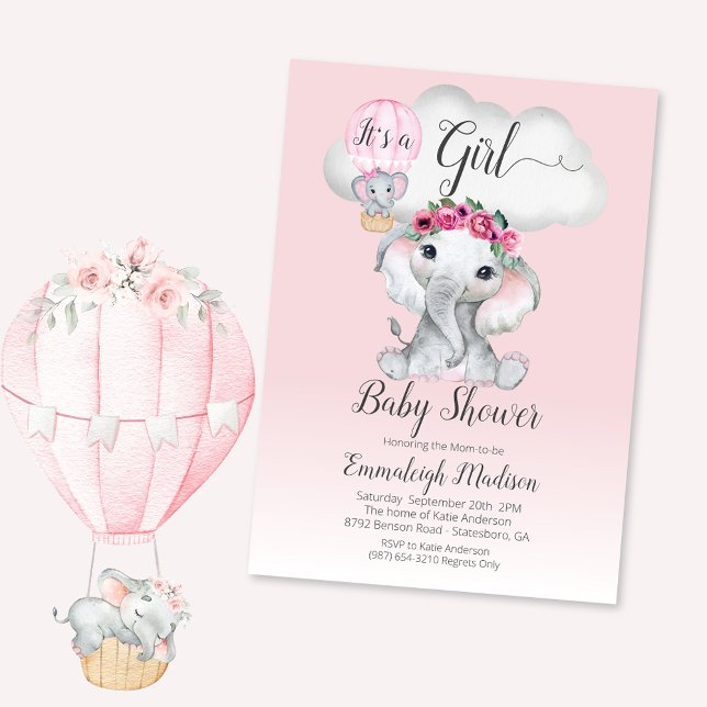 Invitación Baby Shower Chica de globo elefante | Roses rosado (Subido por el creador)