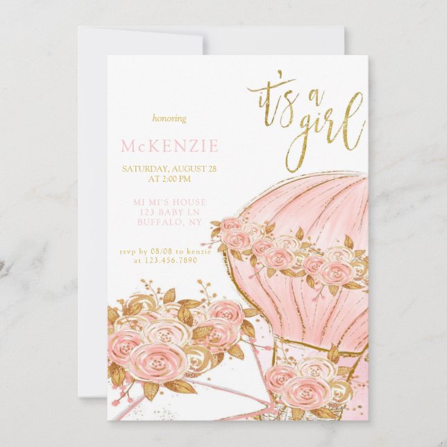 Invitación Baby Shower Chica de globo floral Peony Rosa (Anverso)