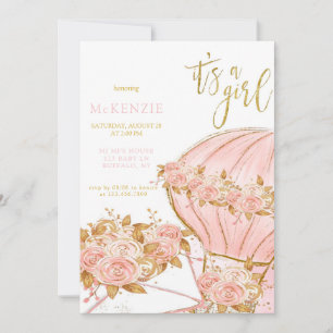 Invitación Baby Shower Chica de globo floral Peony Rosa