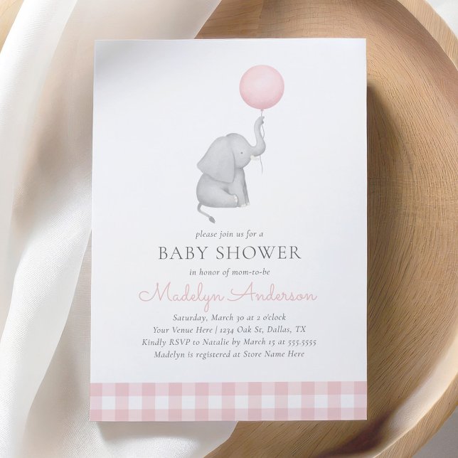 Invitación Baby Shower Chica de globo rosa elefante (Subido por el creador)
