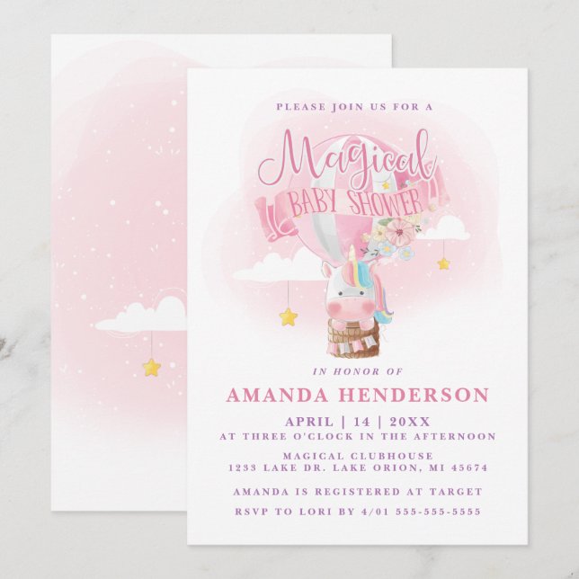 Invitación Baby Shower, Chica de globos aerostáticos de Unico (Anverso / Reverso)