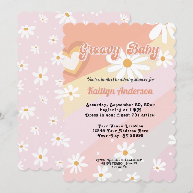 Invitación Baby Shower Chica de Groovy Retro 70 Daisy Peach (Anverso / Reverso)