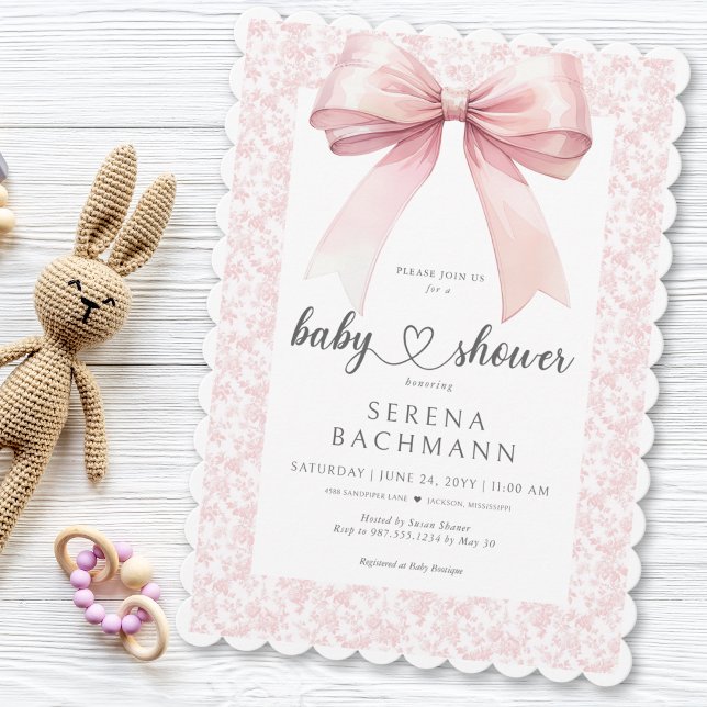 Invitación Baby Shower Chica de herramientas rosadas de vaca (Pink Bow Toile Girl Baby Shower Invitation)