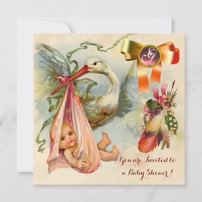 Invitación Baby Shower, CHICA DE HISTORIAS DE PINK, MONOGRAMA (Anverso)