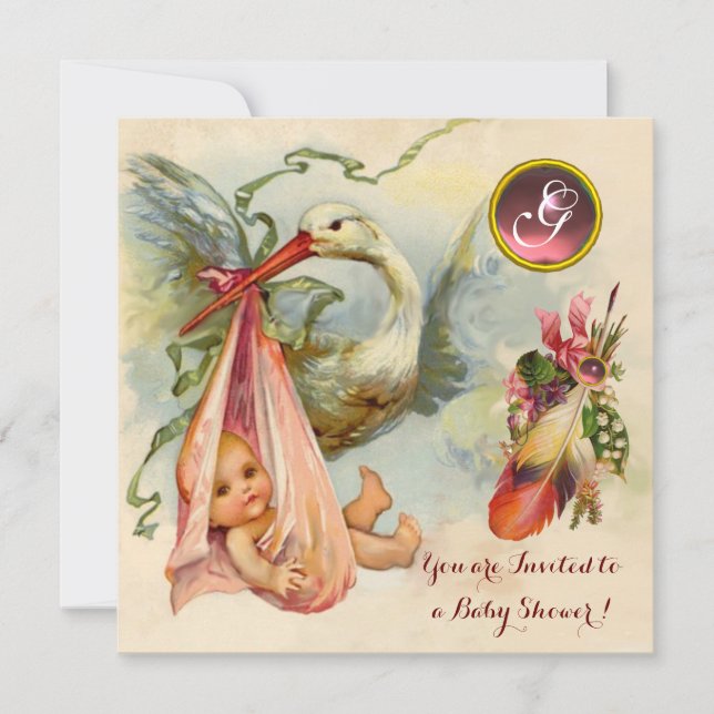 Invitación Baby Shower, CHICA DE HISTORIAS DE PINK, MONOGRAMA (Anverso)