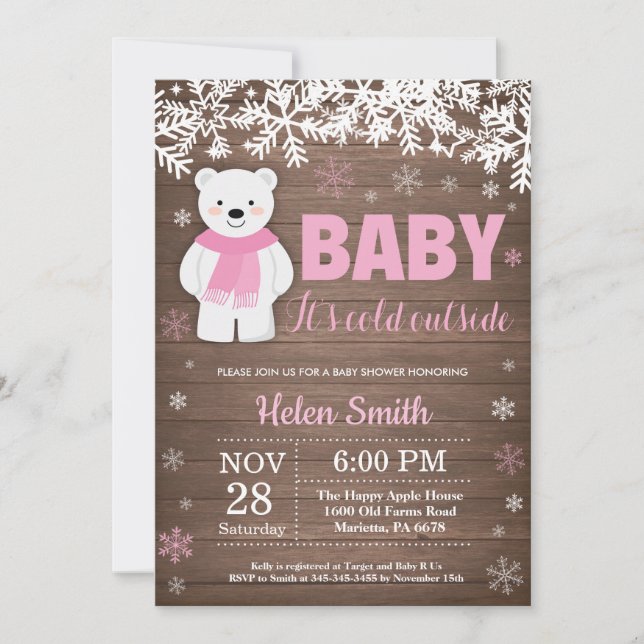 Invitación Baby Shower, Chica de invierno de oso polar ruso (Anverso)