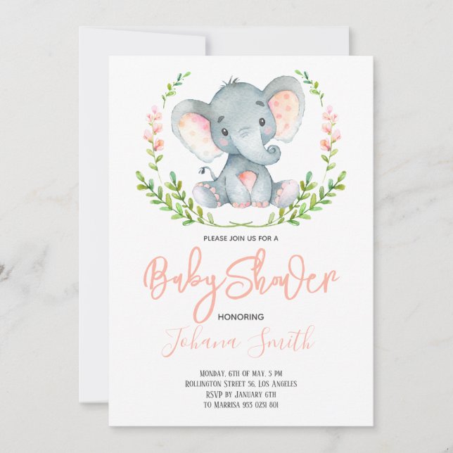 Invitación Baby Shower Chica de la acuarela del Elefante Safa (Anverso)