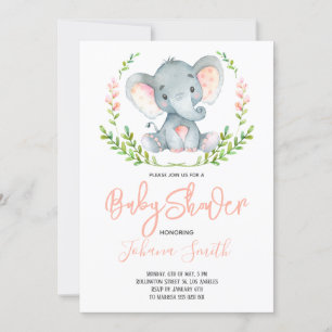 Invitación Baby Shower Chica de la acuarela del Elefante Safa