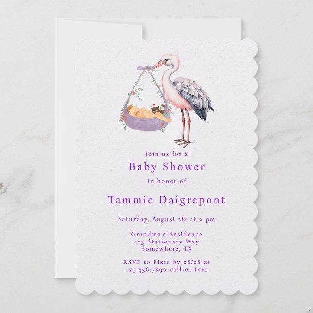 Invitación Baby Shower Chica de la cigüeña morada blanca (Anverso)