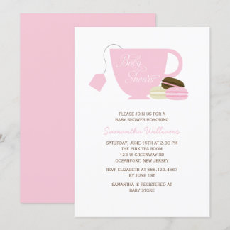 Invitación Baby Shower Chica de la Copa de Té Rosa y los Maca