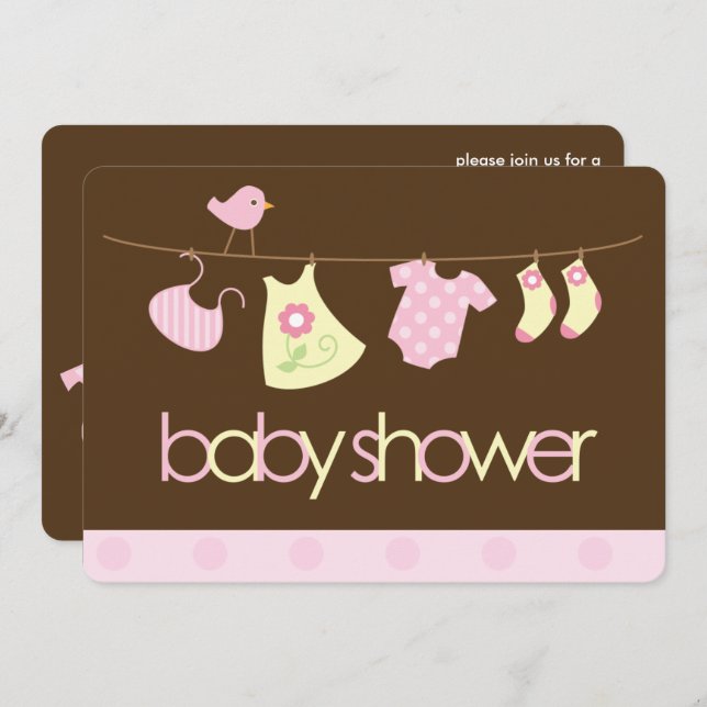 Invitación Baby Shower Chica de la línea de ropa rosa (Anverso / Reverso)