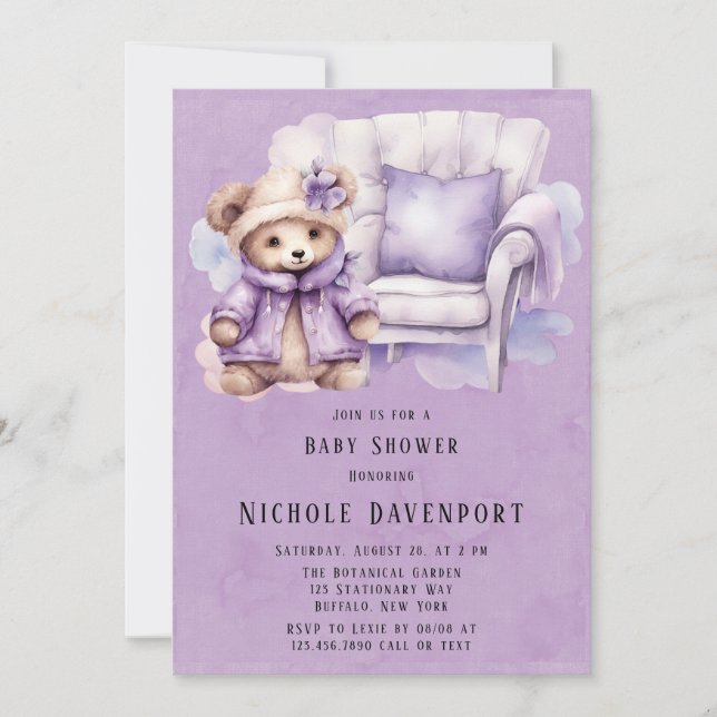 Invitación Baby Shower Chica de la silla Violet Cute Teddy Be (Anverso)