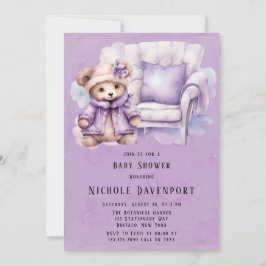 Invitación Baby Shower Chica de la silla Violet Cute Teddy Be