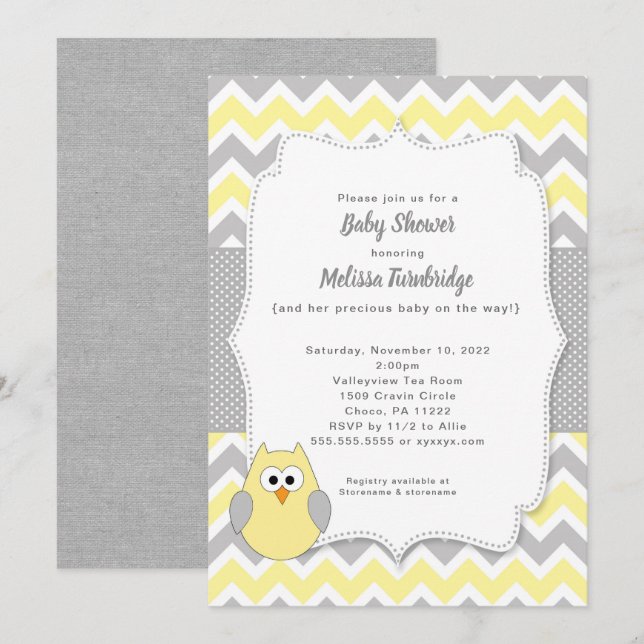 Invitación Baby Shower Chica de Lechuza Gris y Amarilla de mo (Anverso / Reverso)