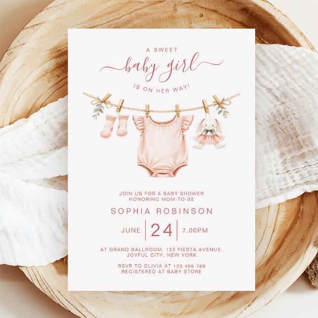 Invitación Baby Shower Chica de línea de ropa rosa Rubor (Subido por el creador)