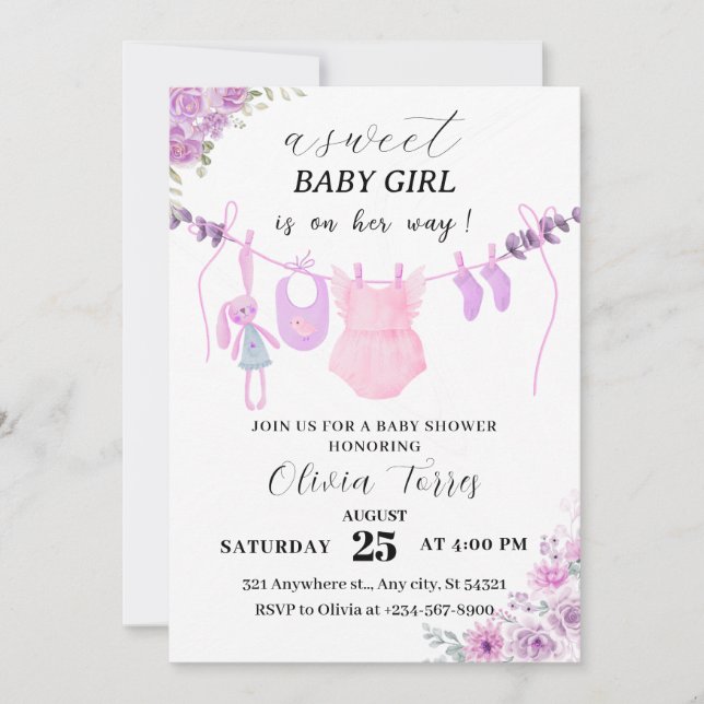 Invitación Baby Shower Chica de línea de ropa rosa y púrpura (Anverso)
