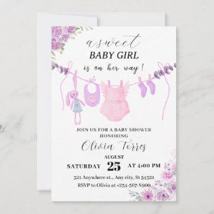 Invitación Baby Shower Chica de línea de ropa rosa y púrpura