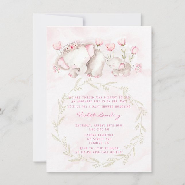Invitación Baby Shower Chica de mami y yo Elephant Pastel (Anverso)