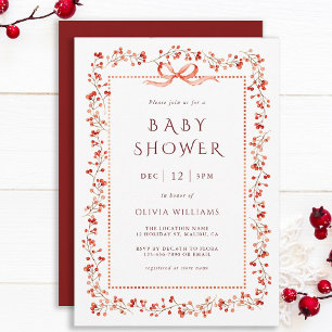 Invitación Baby Shower Chica de marco de Winterberry rojo