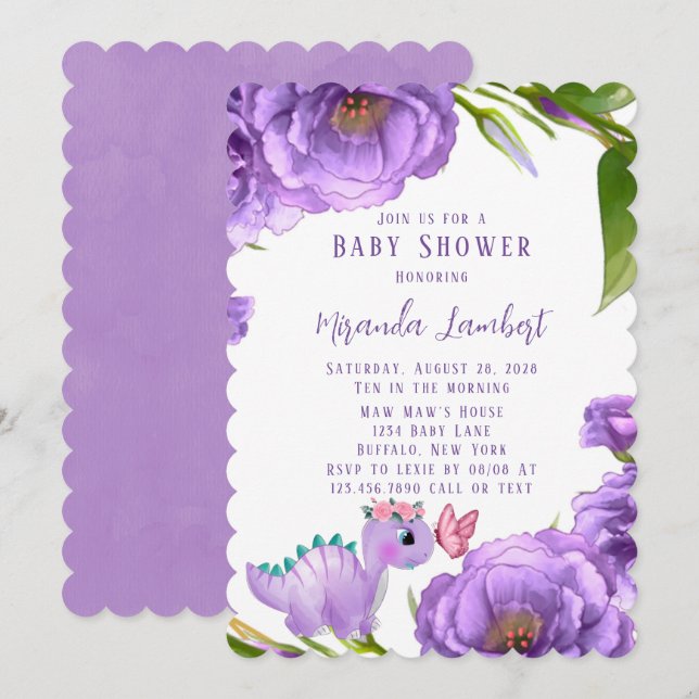 Invitación Baby Shower Chica de mariposa de Peony Dinosaur Mo (Anverso / Reverso)